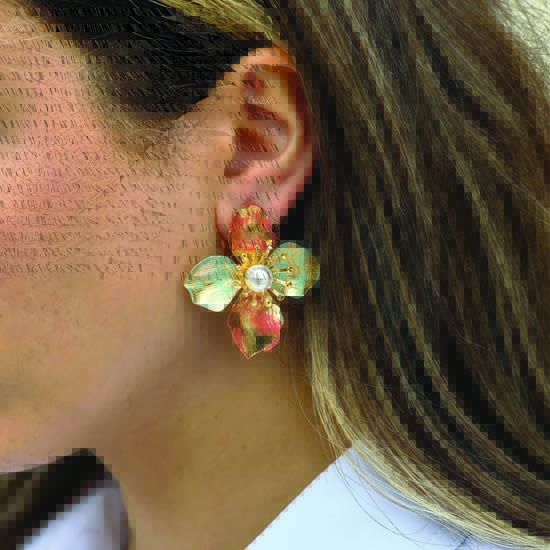 Pink & Blue Floral Enamel Earrings – 17